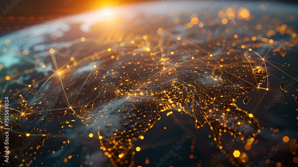 Poster digital global network mesh. lights and connections spanning earth. concept of technology and commun