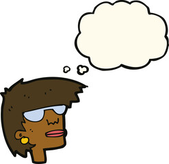 cartoon female face with glasses with thought bubble