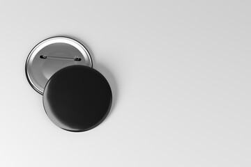 Badges - Set of two blank badges in black color, showing in floating position, on white background. One showing of in front side, other showing on back side. Mockup blank badges, 3d rendering. 