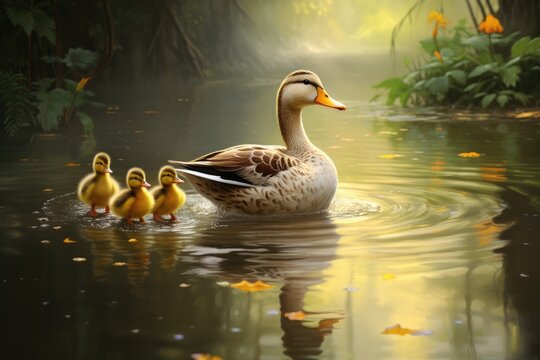 A mother duck leading her ducklings across a pond, A mother duck leads her ducklings across a pond, AI generated