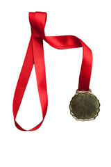 Gold medal on neutral background and red bead. Award concept. Games concept. Obejct isolated.