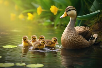 A mother duck leading her ducklings, Ai generated