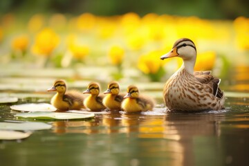A mother duck leading her ducklings, Ai generated
