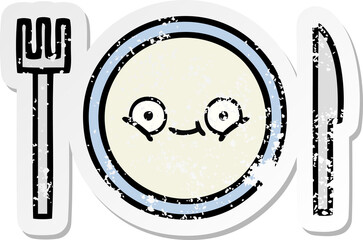 distressed sticker of a cute cartoon dinner plate