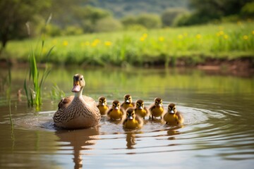 Fototapeta premium A mother duck leading her ducklings, Ai generated