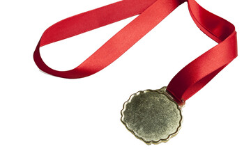Gold medal on neutral background and red bead. Award concept. Games concept. Obejct isolated.