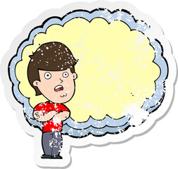 retro distressed sticker of a cartoon man with text space cloud