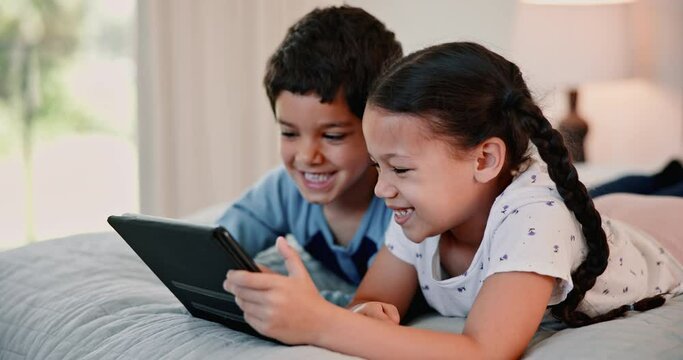 Tablet, smile and children on bed in home, learning or watch funny cartoon of family bonding together. Technology, happy kids and siblings in bedroom on internet for streaming, app and game to relax