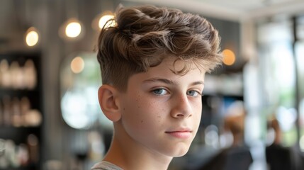 Portrait of young teenage boy with new modern haircut low fade in hair salon