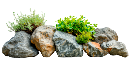 A rock with a plant growing out of it Isolated on transparent background, PNG