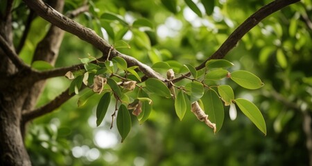  Nature's intricate beauty - A close-up of a tree branch with vibrant green leaves