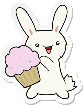 sticker of a cute cartoon rabbit with muffin