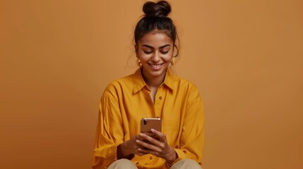 Studio shot of cheerful Indian girl with hair bun uses mobile phone for making video call or broadcasting livestream wears shirt and trousers isolated over brown background looks at device screen