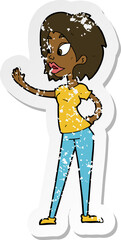 retro distressed sticker of a cartoon woman waving