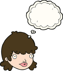 cartoon female face with surprised expression with thought bubble