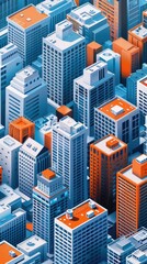 Vertical isometric blue city illustration with orange building in the center which stand out from the rest of the modern city