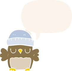 cute cartoon owl in hat and speech bubble in retro style