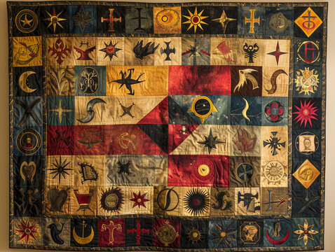A quilt depicting the clash between sacred and unholy symbols, a fabric of faith