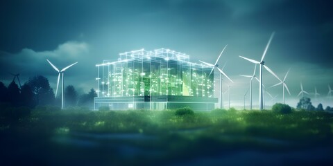 Renewable energy plant that produces carbonfree green hydrogen gas and electricity. Concept Renewable Energy, Green Hydrogen, Carbon-Free, Electricity Production, Sustainable Practices - obrazy, fototapety, plakaty