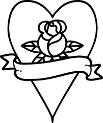 black line tattoo of a heart rose and banner