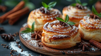 Traditional Swedish cardamom and cinnamon buns. Delicious Swedish traditional cinnamon rolls. Scandinavian cuisine. - obrazy, fototapety, plakaty