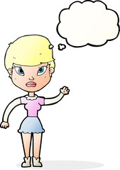 cartoon woman waving with thought bubble