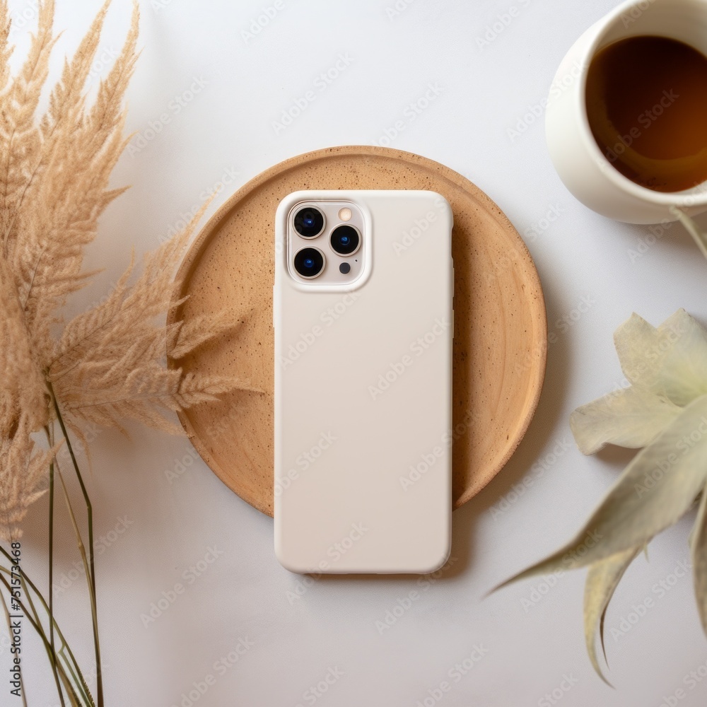 Poster top view of the smartphone case layout from behind on a white office table with a cup of coffee, lat