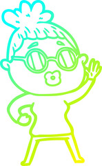 cold gradient line drawing cartoon waving woman wearing sunglasses