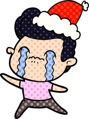 comic book style illustration of a man crying wearing santa hat
