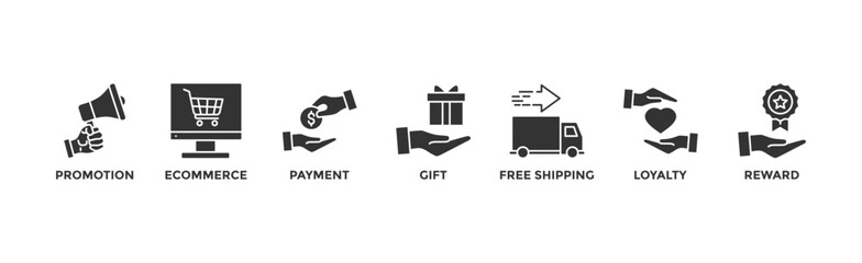 Shopping banner web icon vector illustration concept with icon of promotion, ecommerce, payment, gift, price, free shipping, loyalty, reward	