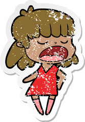 distressed sticker of a cartoon woman talking loudly