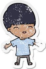 distressed sticker of a happy cartoon boy
