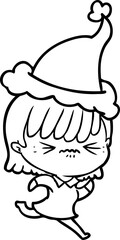 annoyed line drawing of a girl wearing santa hat