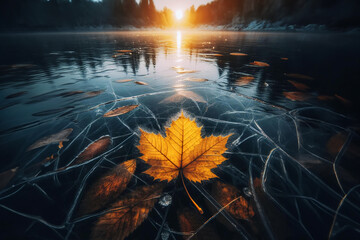 A golden leaf is centered on the cracked surface of a frozen body of water, illuminated by the sun’s rays