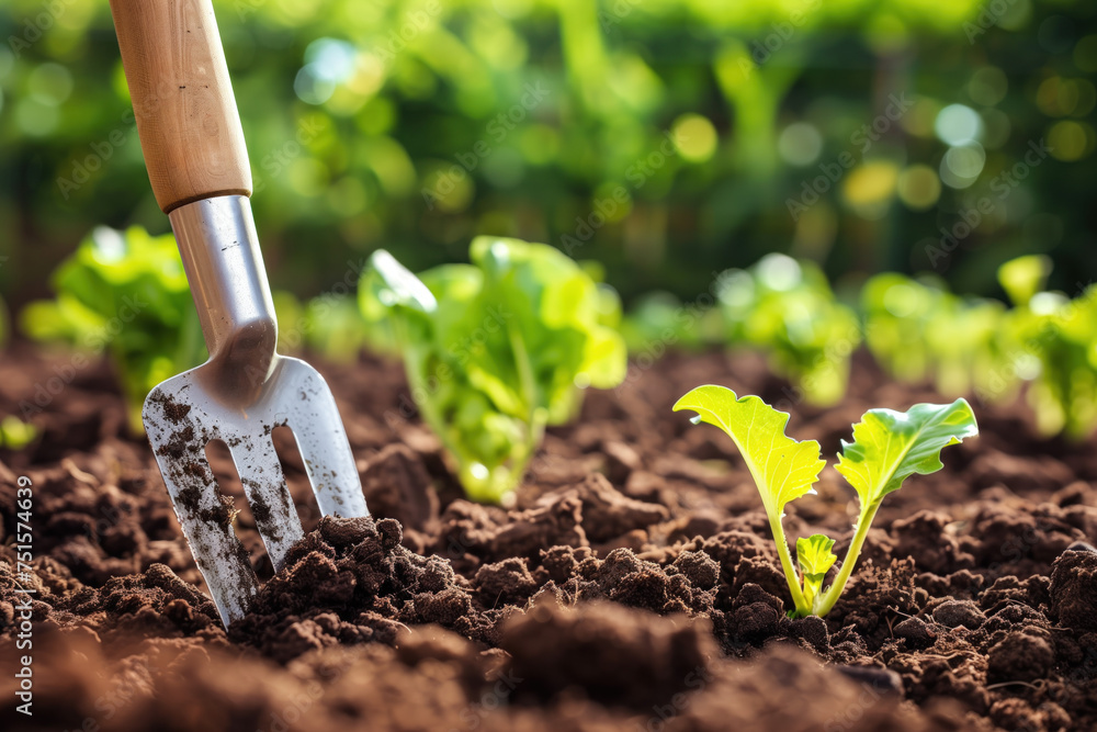 Poster shovel in the garden. a slide background for showcasing gardening. background image. created with ge