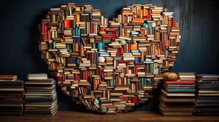 a stack of books in the shape of a heart, a symbol of the love of reading, concept for the World Book Day, banner