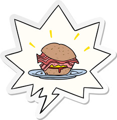 cartoon amazingly tasty bacon breakfast sandwich and cheese and speech bubble sticker