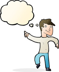 cartoon happy man pointing with thought bubble