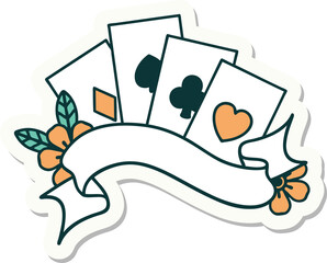tattoo style sticker of cards and banner with flowers