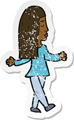 retro distressed sticker of a cartoon woman shrugging shoulders