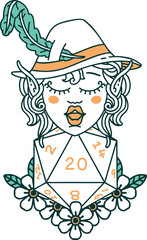 elf bard character with natural twenty dice roll illustration