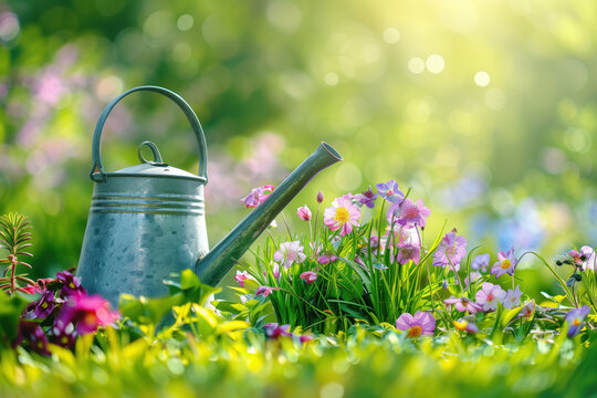 Watering can and flowers. A slide background for showcasing gardening. Background image. Created with Generative AI technology.
