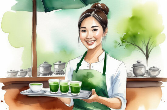 smiling Asian female barista with cup of Japanese green matcha tea on tray, watercolor illustration