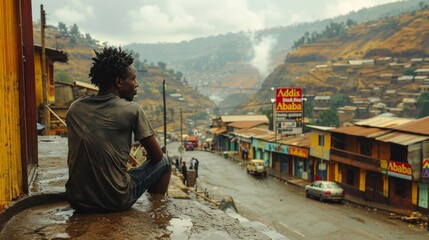 Unidentified Ethiopian man sitting on the edge of the road in Addis Ababa. - obrazy, fototapety, plakaty