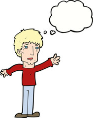 cartoon worried man reaching out with thought bubble