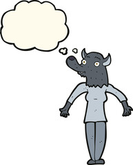 cartoon werewolf woman with thought bubble