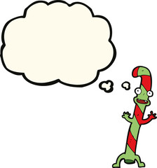 cartoon dancing christmas candy cane with thought bubble