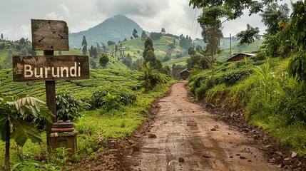 Burundi wooden signpost and mud road.