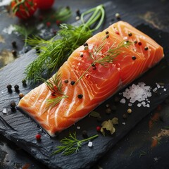 a raw salmon fillet on a dark slate background garnished with salt pepper and fresh dill showcasing its fresh and appealing texture and color suitable for a culinary presentation