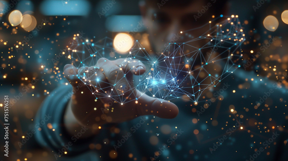 Poster the interconnectedness of life and technology depicted as a hand controls iot devices via the cloud,